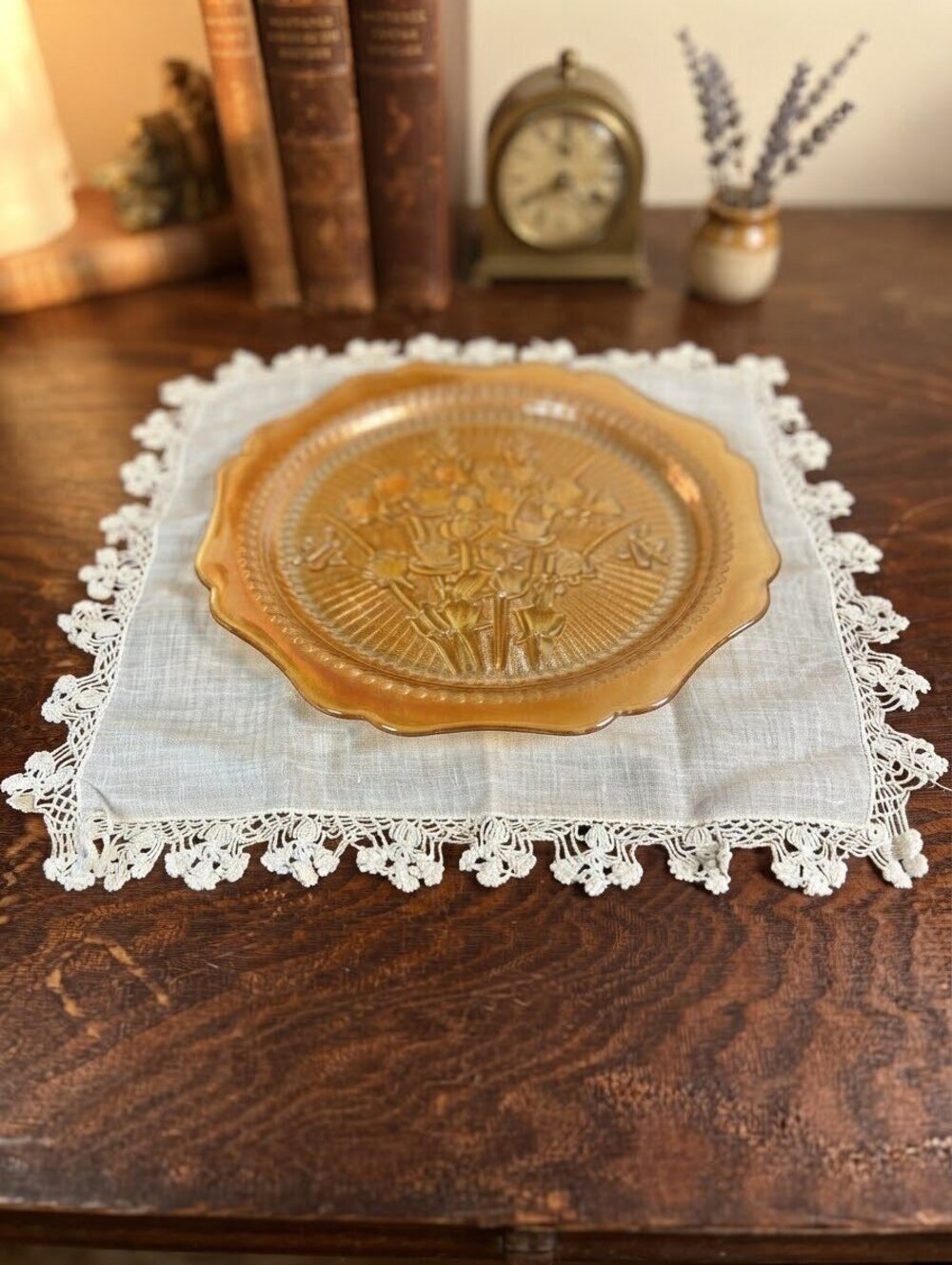 Vintage Marigold Carnival Glass Plate & Crochet Lace Doily Bundle